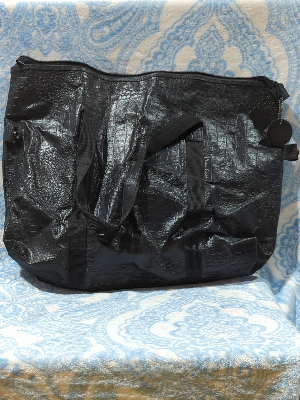 Pierre Cardin Black Croc-Texture Duffel Bag